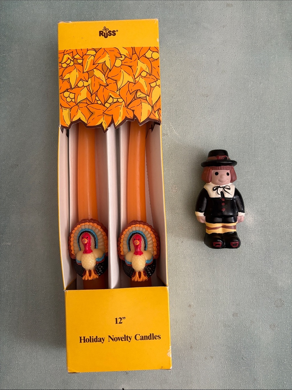 Russ Berrie Vintage Turkey Thanksgiving Candle Sticks 12” + Pilgrim Salt Shaker